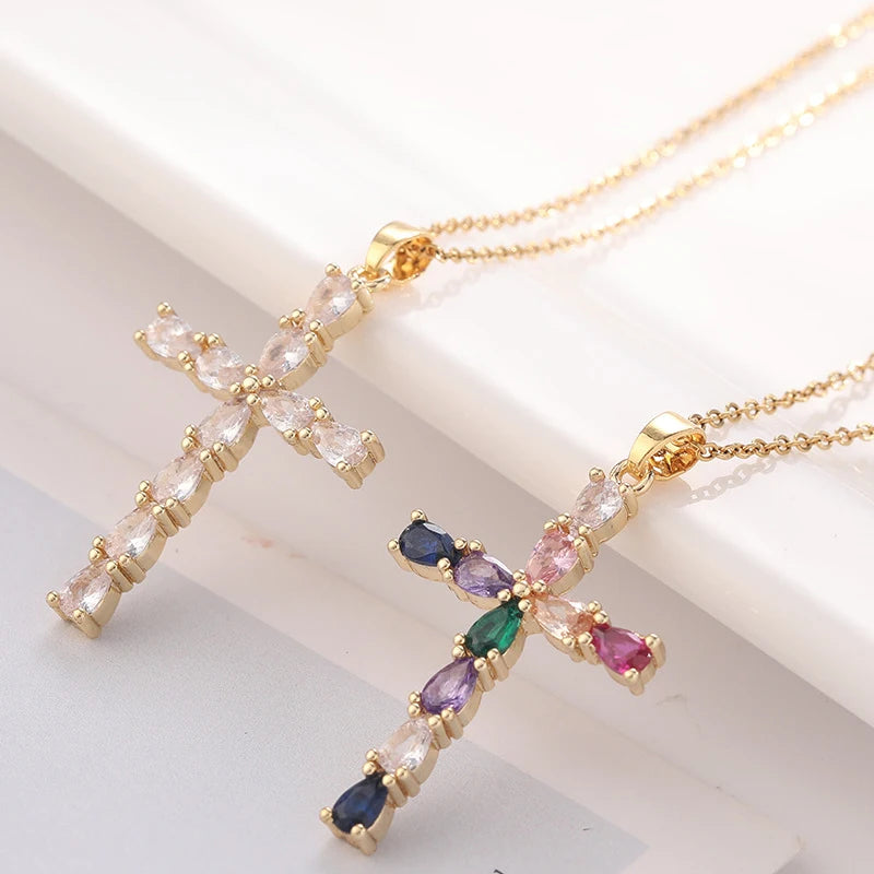 Luxury Non Tarnish 18K Real Gold Plated Stainless Steel CZ Zircon Cross Pendant Necklace Jewelry for Women