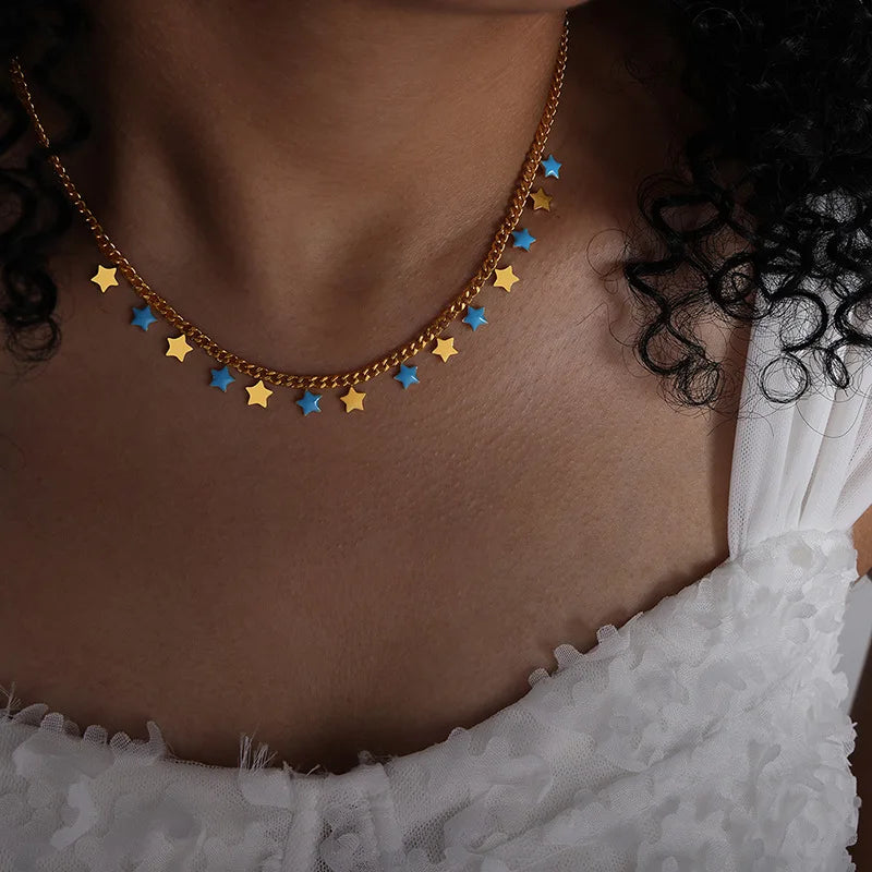 Bohemia Europe 18K Gold Plated Stainless Steel Blue Enamel Star Tassel Necklace Fashionable No Fade Chains for Women and Girls
