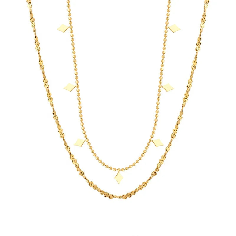 18K Gold Plated Stainless Steel S Shiny Chain Geometric Diamond Shape Double Layered Necklace