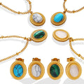 French Retro Style Gold Plated Stainless Steel Round Opal Pendant Necklace Geometric Turquoise Necklace Opal Earrings