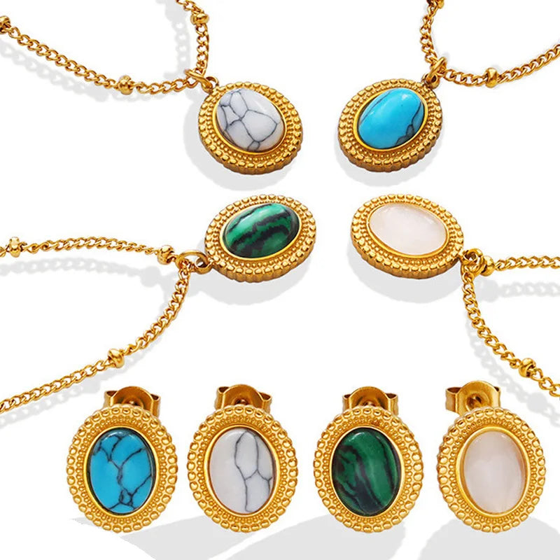 French Retro Style Gold Plated Stainless Steel Round Opal Pendant Necklace Geometric Turquoise Necklace Opal Earrings