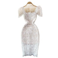 2026 square Neck Puff Sleeves High Waist Slim Dress Slim Mid-length Ladies Temperament Gentle Wind High-end Lace Dress