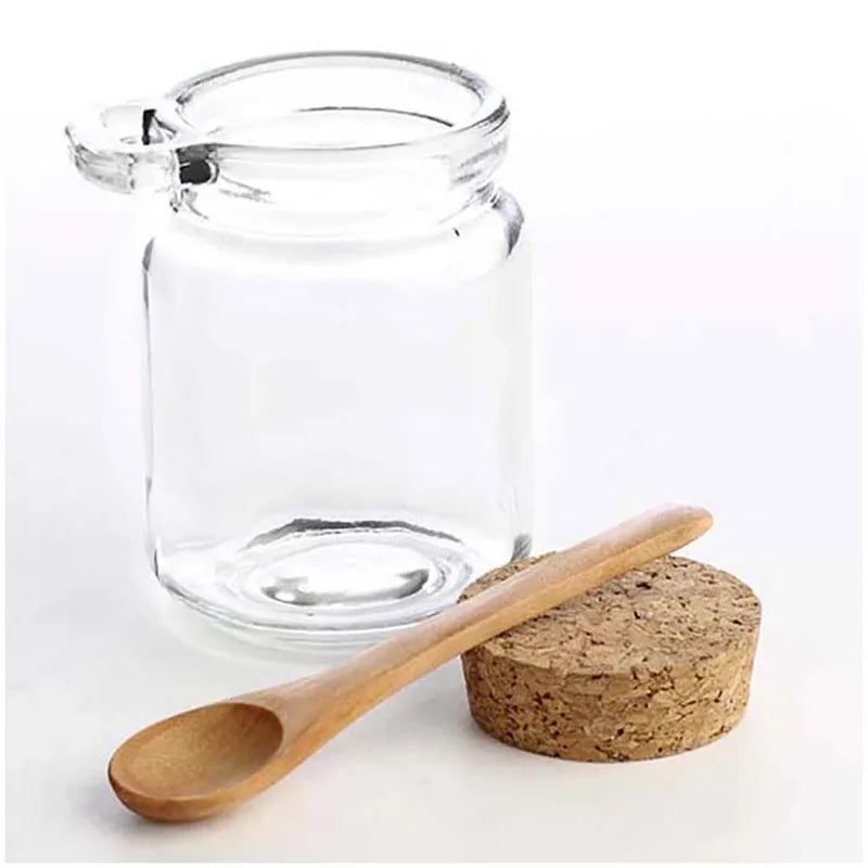 High Quantity 250G Honey Glass Bottle with Cork Stopper and Wooden Spoon for Wedding Favors Honey Pot Empty 100G Storage Jar