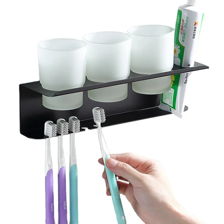 Modern Design Wholesale Wall Mounted Teeth Brush Holder Space Aluminum Three Glass Cup Toothbrush Holder for Bathroom