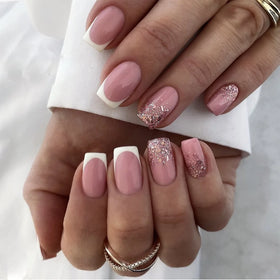 Fashion Style French White Pink Powder Square Fingernail Nail Tips Square Designer Press on Nails