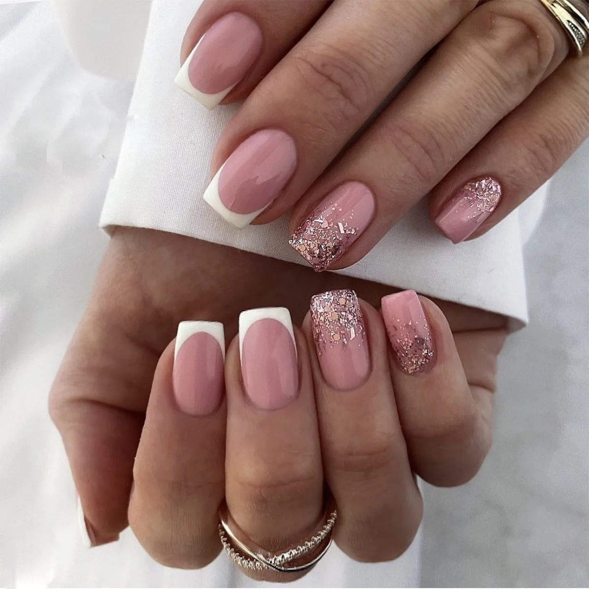 Fashion Style French White Pink Powder Square Fingernail Nail Tips Square Designer Press on Nails