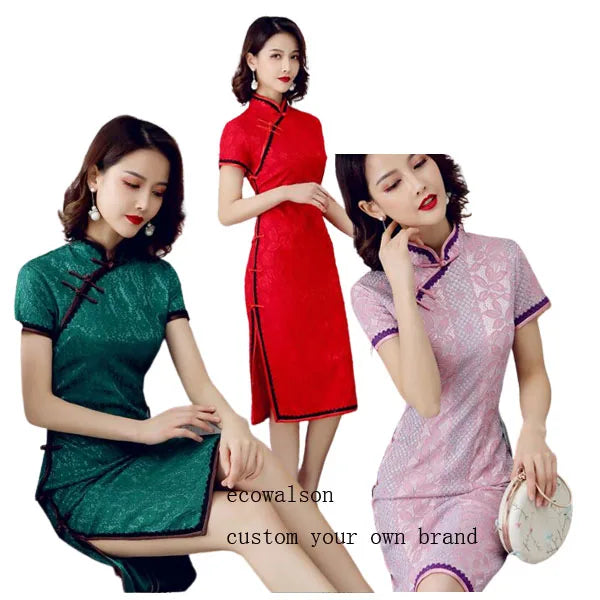 Ecowalson  Vintage Short Sleeve Floral Lace Cheongsam Dress Elegant Mandarin Collar Side Slit Bodycon Midi Dress Women's Formal
