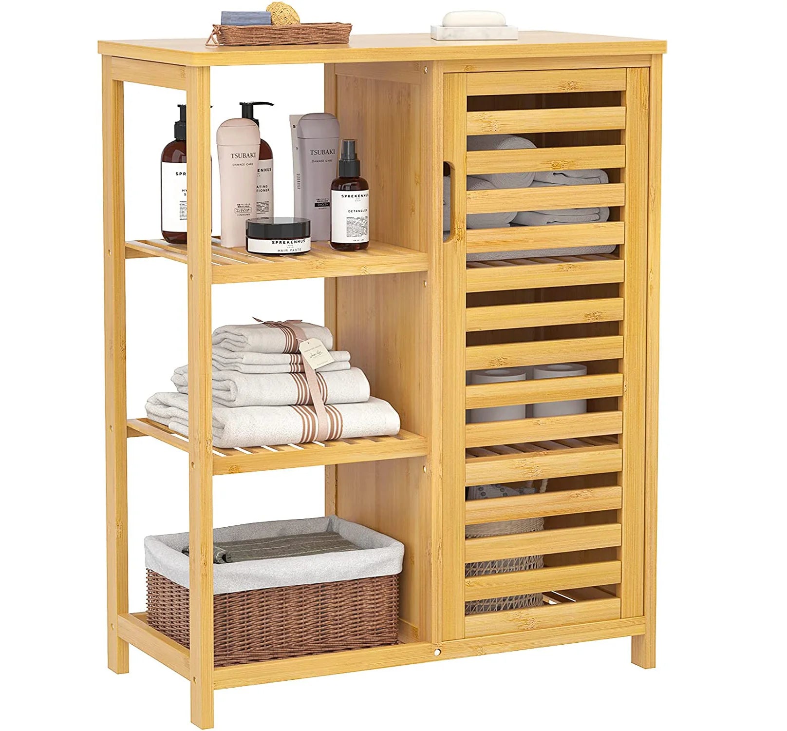 Bathroom Storage Cabinets with Doors and 3 Side Shelves Free Standing Storage Cabinet Bamboo Furniture