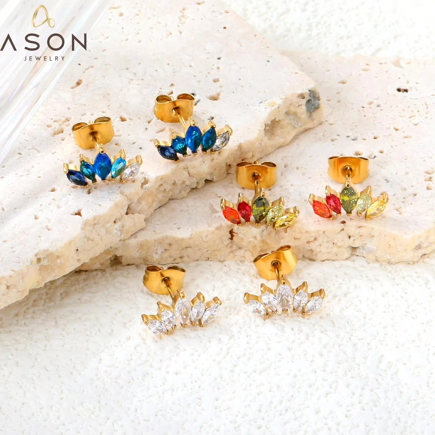 Ason New Design  Geometric Stud Earrings Wholesale Price Earrings  18k Gold Plated Colourful  Zircon Stud Earrings for Girls