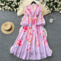 LW0982 2025 New Holiday Dress Women'S Elegant V-Neck Lace Lace Lantern Sleeve Waist Waist Long Printed Dress Party Dresses