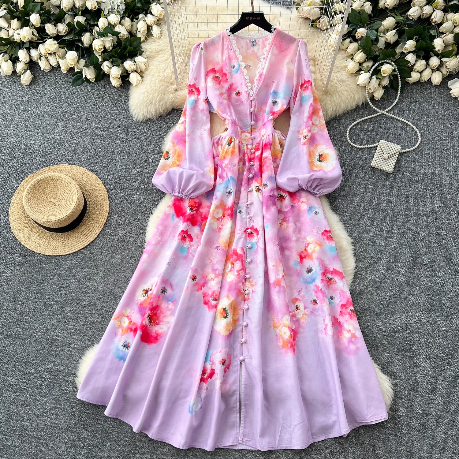 LW0982 2025 New Holiday Dress Women'S Elegant V-Neck Lace Lace Lantern Sleeve Waist Waist Long Printed Dress Party Dresses