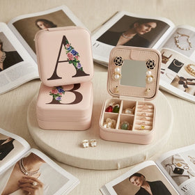 Wholesale Modern Portable PU Leather Printed Letter Earrings Ring Travel Jewelry Box with Mirror for Girls