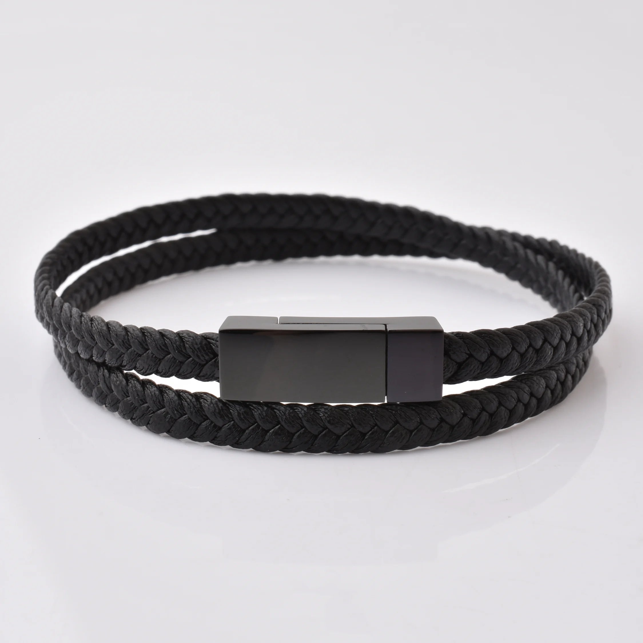 Exquisite Yitenong 316L Stainless Steel Men's Charm Clasp Engravable Leather Wrap Double Rope High Polished Trendy Bracelet