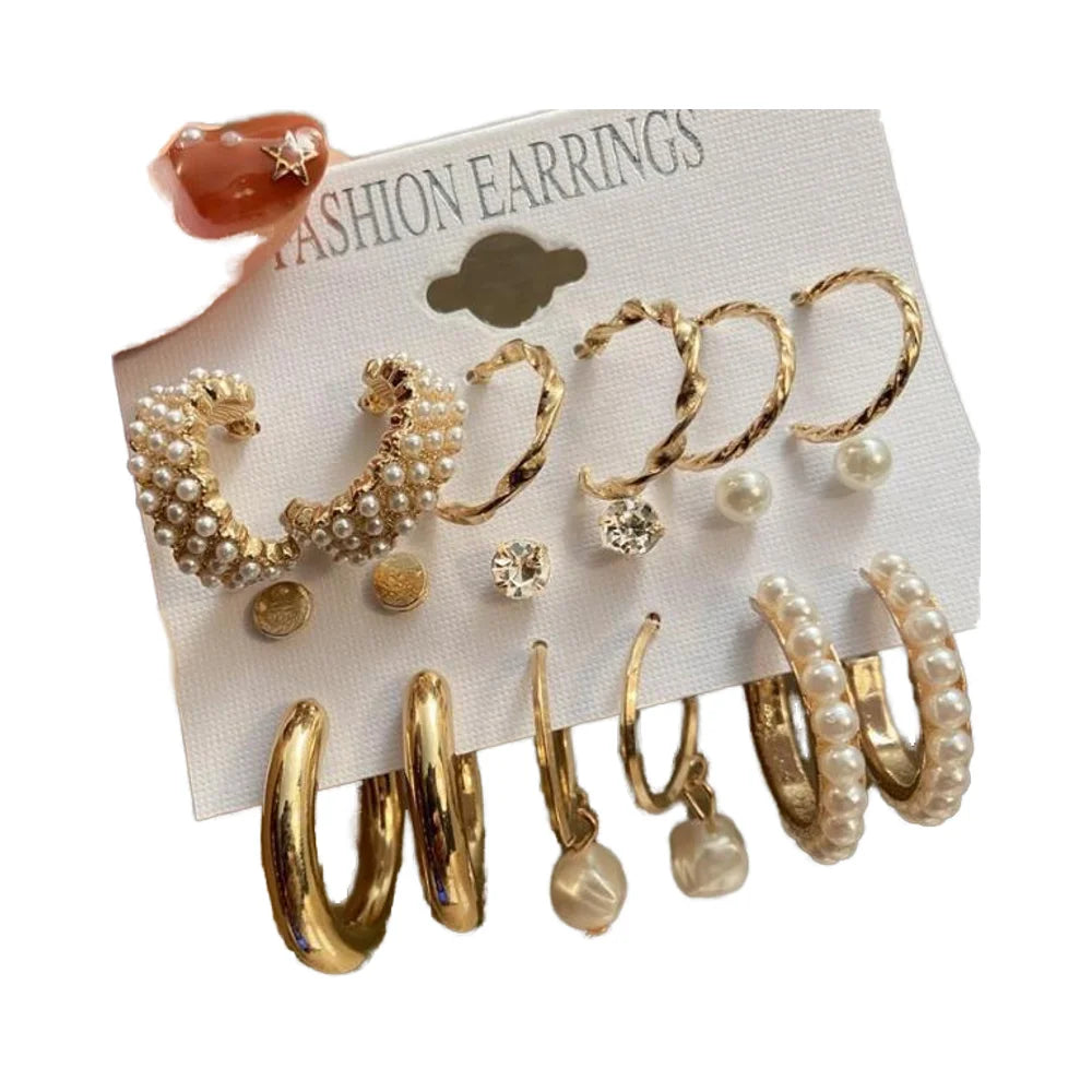 HOVANCI Vintage 18k Gold Plated Twist Hoop Earring Set 9 Pearl Geometric Chunky Hoop with Tube Earrings Mainly Made of Alloy