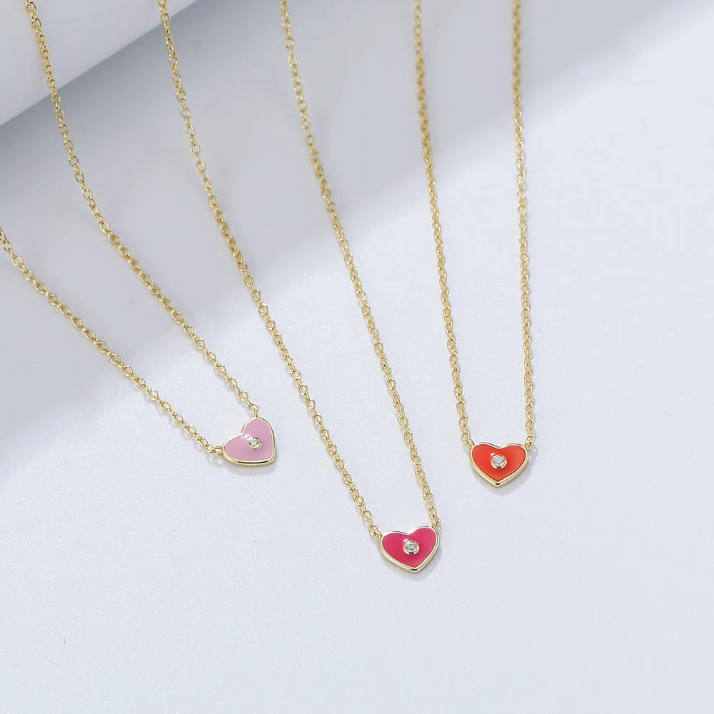 New Arrival High Quality 925 Silver Enameled Red Heart White Zircon Stone Pendant Necklaces