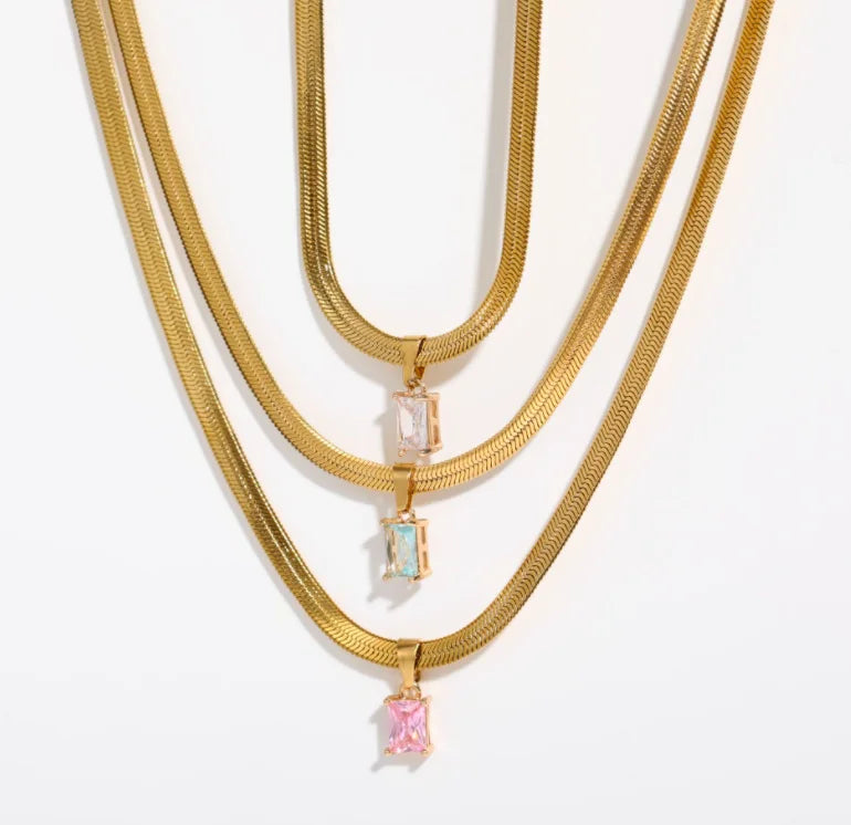 Hip Hop Women 18K Gold Plated Cubic Zircon Pendant Stainless Steel Jewelry Flat Snake Chain Choker Necklace