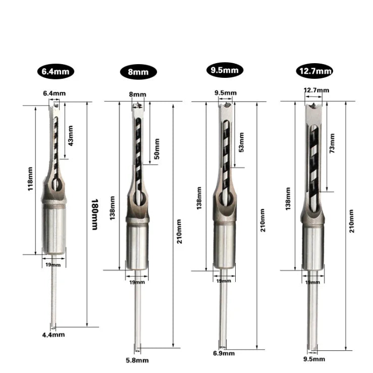 4PCS HSS Twist Drill Bits Square Auger Mortising Chisel Drill Set Square Hole Woodworking Drill Tools Kit Set Extended Saw