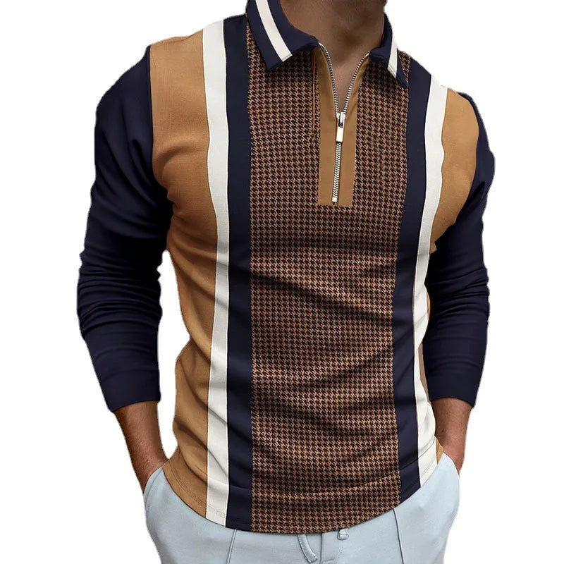 new Custom Europe and America New Polo Shirt Zipper Splice Plaid Long Sleeve Men's Polo T-Shirt Cotton