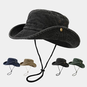 Washed Cotton Vintage Customized Bucket Hats Custom Embroidery Logo Wide Brim Plain Distressed Retro Fisherman Hat With String