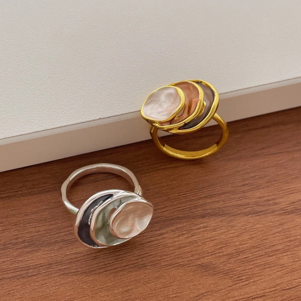 Wholesale Abstract Overlapping Enamel Wide Band Ring Multi Layer Irregular Oval Statement Ring Trendy Artistic Jewelry