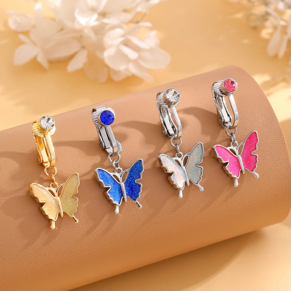 Women's Body Jewelry-Big Butterfly Diamond Clip-on Navel Ring Non-Piercing Dangle Stainless Steel for Umbilical Belly Button