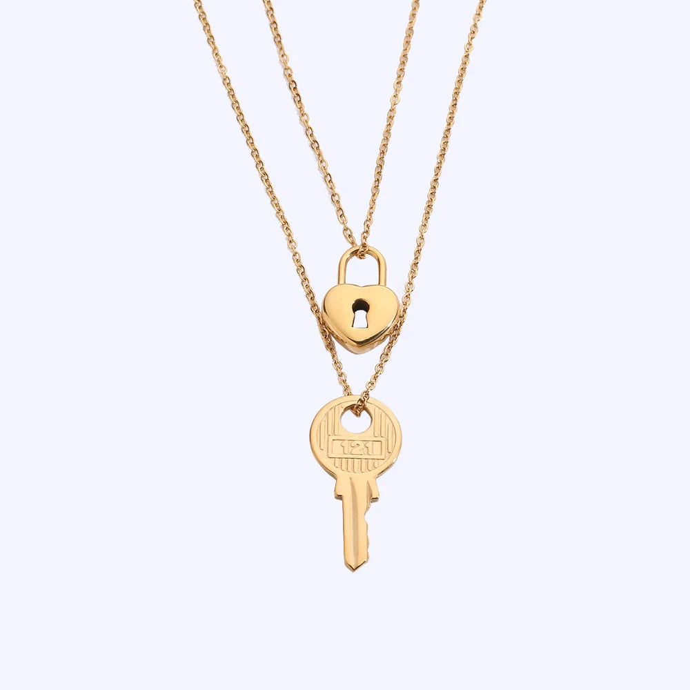 18K Gold & Stainless Steel Small Heart Lock Key Pendant Necklace Cute Girl Women Jewelry Set for Anniversary
