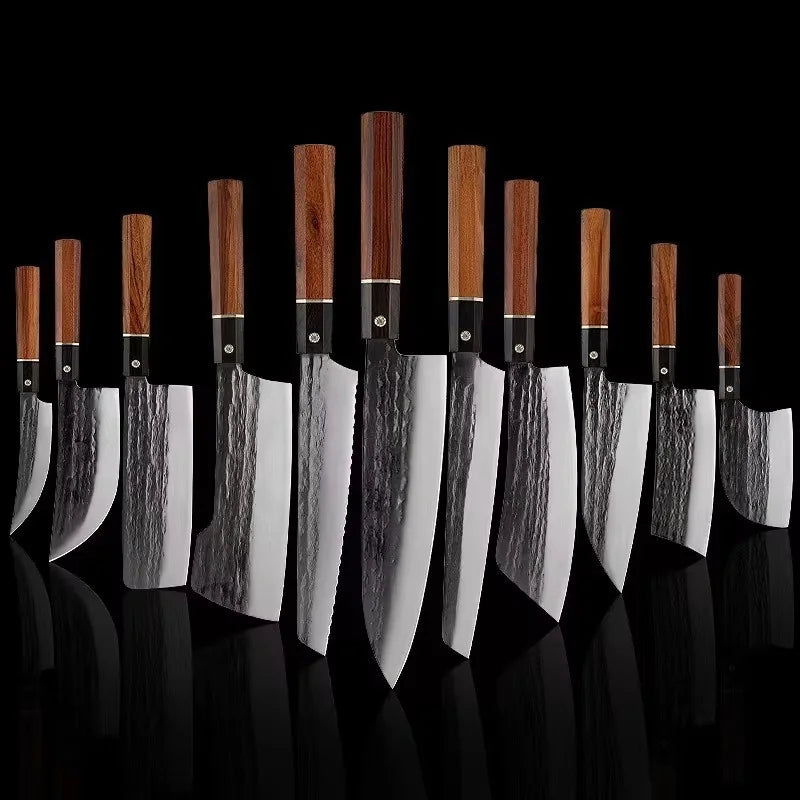 New Disposable 11-Piece Handmade Sustainable Kitchen Knife Set Hand Forged Chef's Knife Wood Handle Stainless Steel 3Cr13 Blade