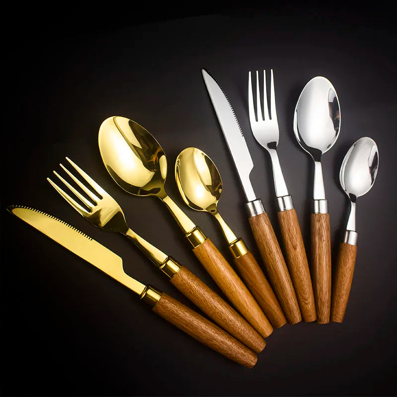 Eco-friendly Wooden Handle Stainless Steel Cutlery Silver Gold Flatware Set