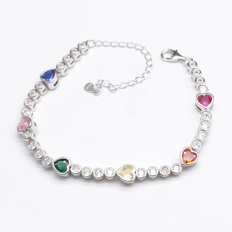 Classic Color Heart Shaped Round Zircon Tennis Bracelet 925 Sterling Silver Charm Bracelet