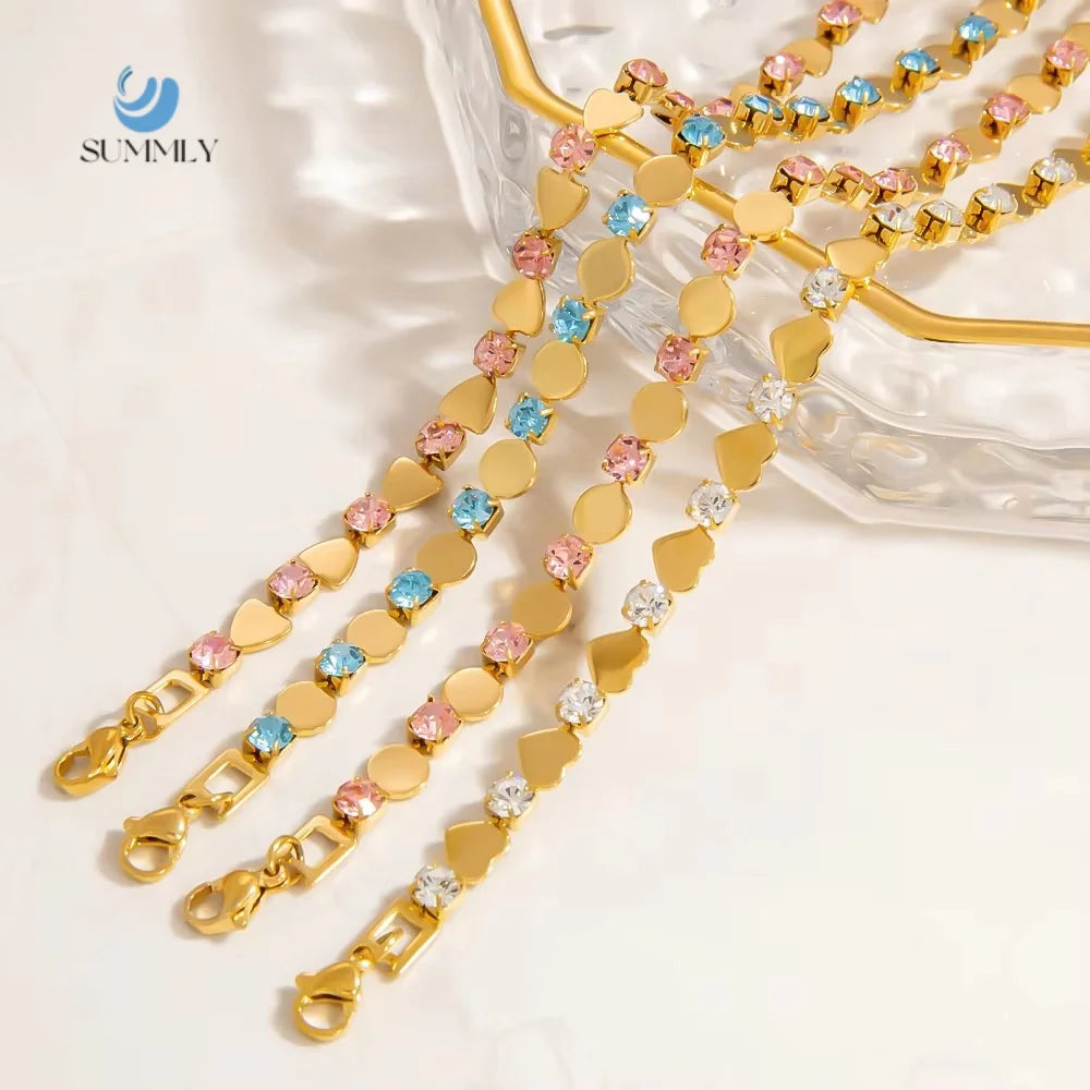 SUMMLY Wholesale Trendy Zirconia Splicing Heart Chain 18K Gold Plated Stainless Steel Bracelet Fashion Jewelry