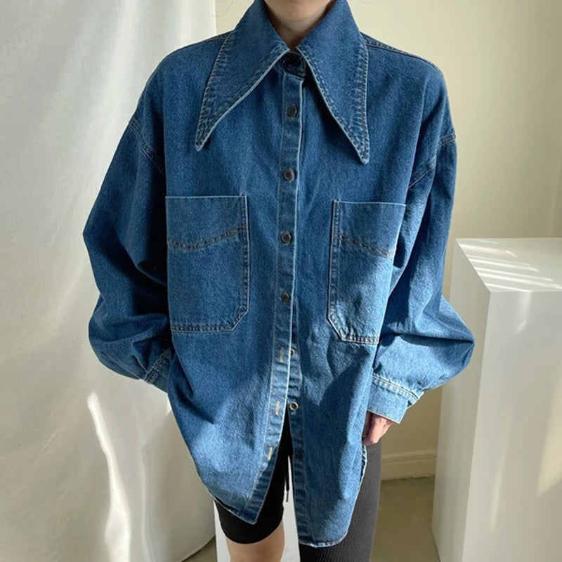 Wholesale 2026 Autumn New Retro Pointed Collar Single-breasted Loose Wild Big Pocket Washed Blue Denim Women Shirt