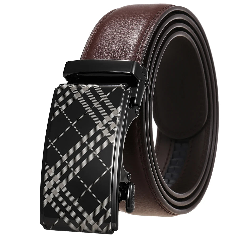 Factory Custom Logo Men's Automatic Buckle Belt Genuine Leather Belts Two-layer Cowhide Waistband Ratchet Belt with Alloy Buckle