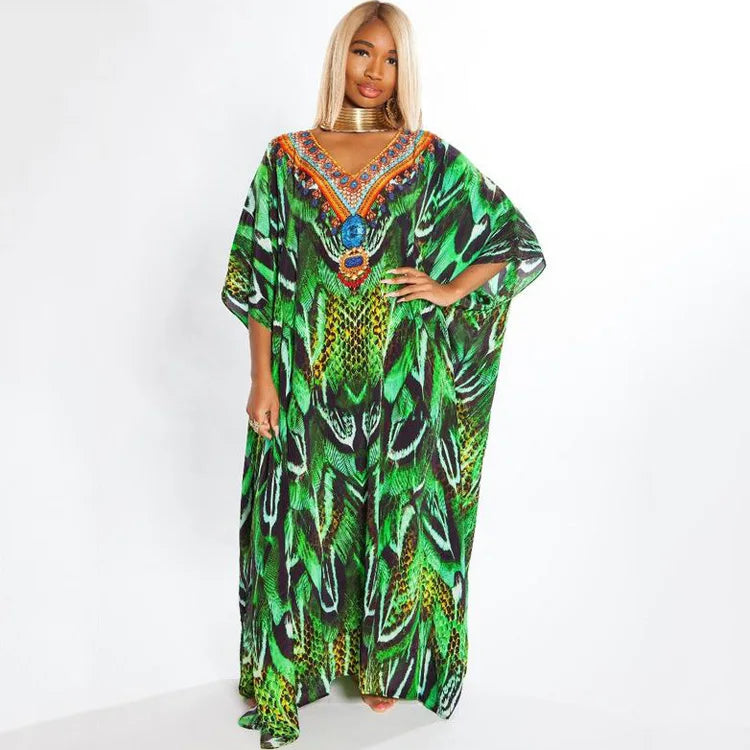 Green Snake Print Dress Casual Vacation Dress Kaftan Beach Cover up