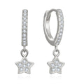 Rhodium Plated 925 Silver Huggie Earrings | Single Row Pave CZ Hoop with Star Drop Charm Hypoallergenic