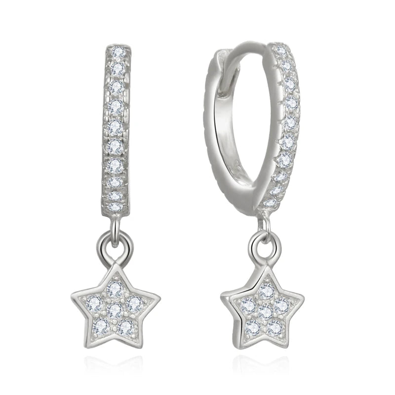 Rhodium Plated 925 Silver Huggie Earrings | Single Row Pave CZ Hoop with Star Drop Charm Hypoallergenic