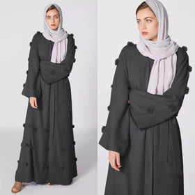 Casual Solid Color Floral Decoration Open Front Abaya Middle East Muslim Robes Dress Abaya Women