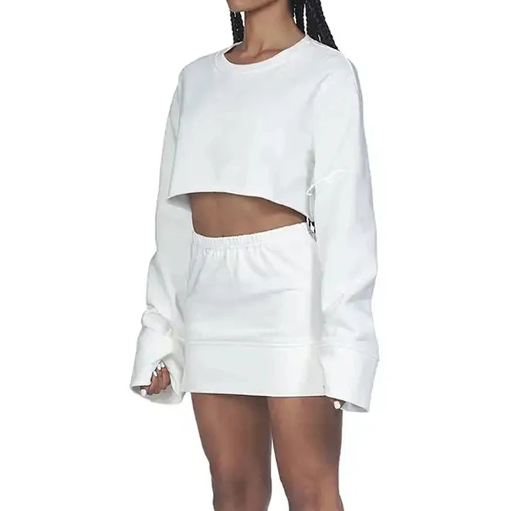 Women White Long Sleeve Cut Out Crop Sweatshirt Mini Skirt Set 2 Piece Casual Streetwear Tracksuit Summer Clothing 2026