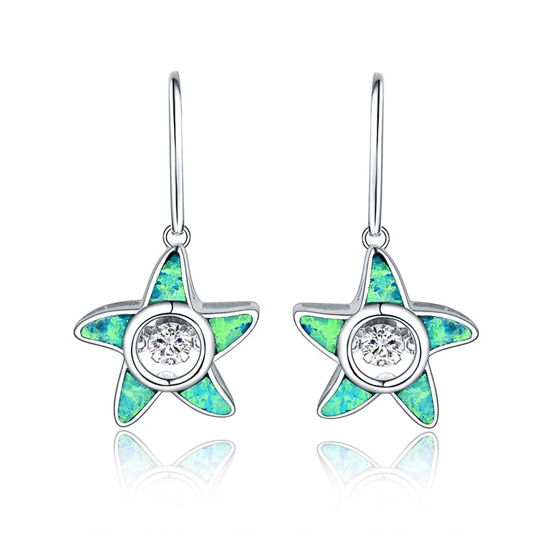 Newest Design Dancing Diamond Jewelry 925 Sterling Silver Green Opal Starfish and Dancing Diamond Earrings