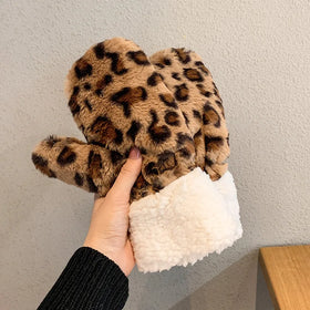Custom logo Winter Leopard Printed Warm Gloves Women lamb Mittens Gloves Outdoor Driving Ski Mittens