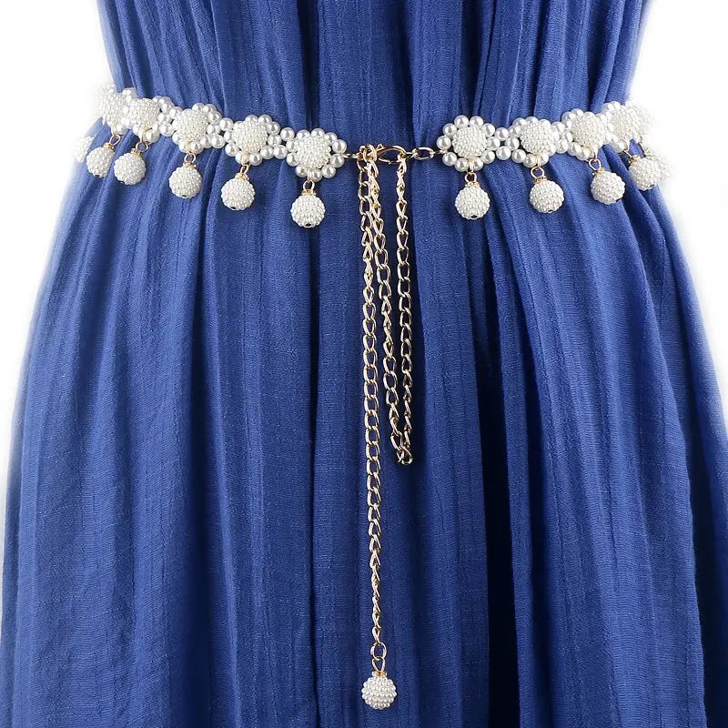 Trendy Ladies Pearl Beaded Belt Fashion Accessory with Pendant Waist Chain