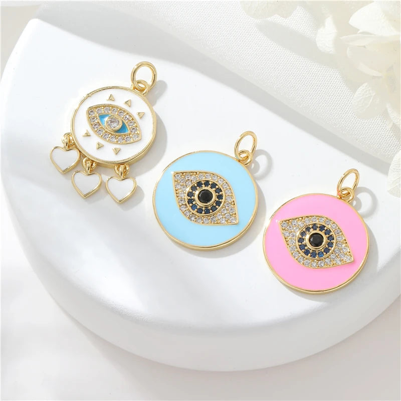 Fashion Brass Plated 14K Gold Zircon Enamel Eye Pendant Round White Pink and Blue Necklace With Jewelry Making Charms