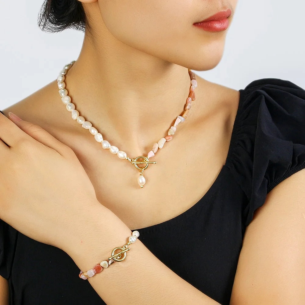 French Elegant Luxurious Baroque Freshwater Pearl Irregular Natural Stone OT Clasps Necklace Bracelet Set