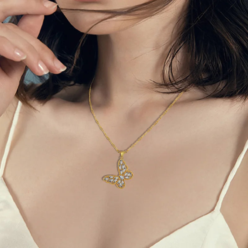 Fancy Crystal Butterfly Necklace 18K Gold Stainless Steel Jewelry Gift Cubic Zircon Butterfly Pendant Necklace Women
