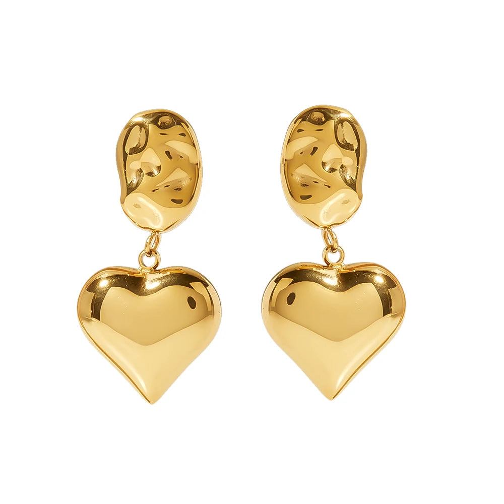 Hot Selling Ins Design 18k Gold Plated Hammered Solid Heart Earrings High-Polished Stainless Steel for Women Trendy Gift Jewelry