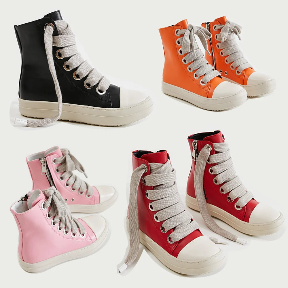 BUSY GIRL PT4406 Casual Shoes Luxury Trainers Lace up Women Sneaker Zip Hip Hop Wide Shoelace Flats Black Sneakers Ankle Boots