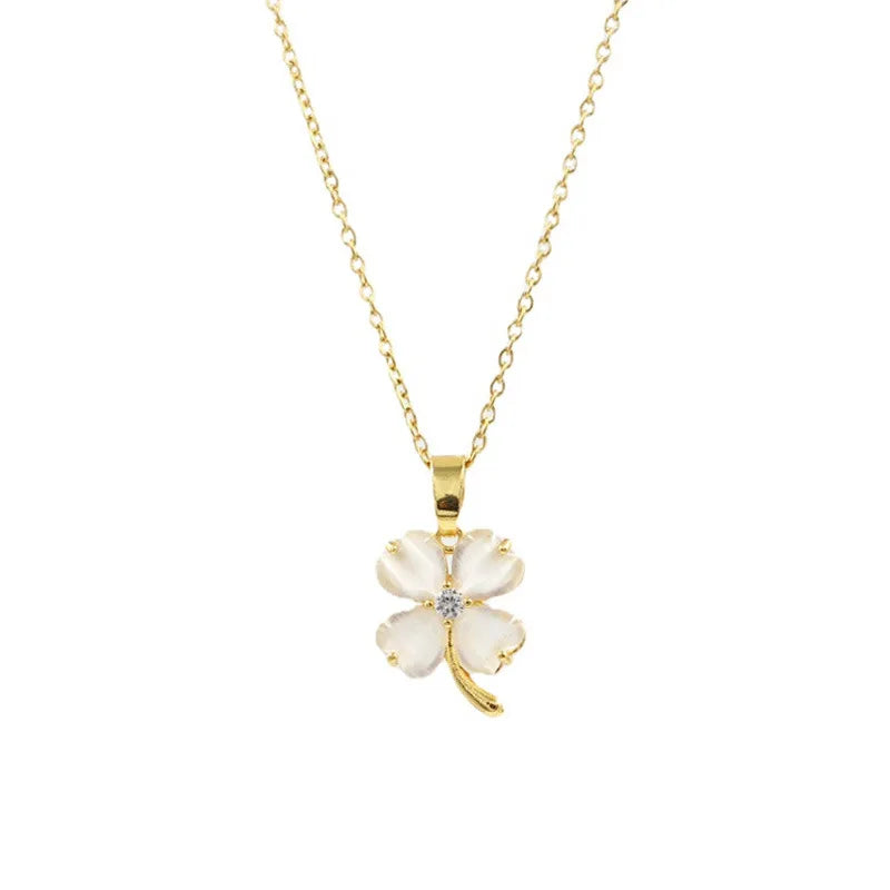 BINSHUO Jewelry Women Gift Tarnish Free Wholesale Stainless Steel Opal Rhinestone Lucky Four Leaf Clover Pendant Necklace