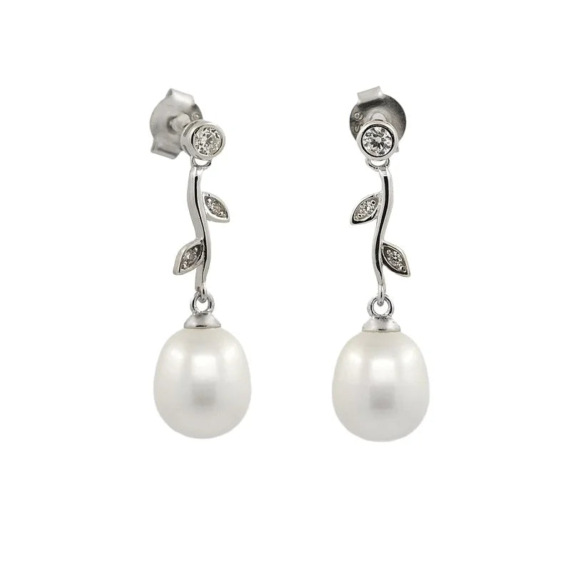 Elegant Leaf Wedding Jewelry Dangle Unique Design Silver Freshwater Pearl Vintage Earrings for Women Bride