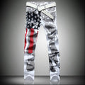 RNSHANGER High Street Straight Denim Trousers Men's White Flag Print Jeans Stretch Slim Casual Five-Pointed Star Hip Hop Pants