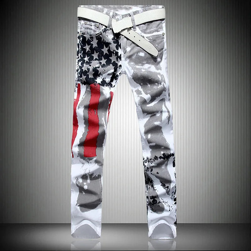 RNSHANGER High Street Straight Denim Trousers Men's White Flag Print Jeans Stretch Slim Casual Five-Pointed Star Hip Hop Pants