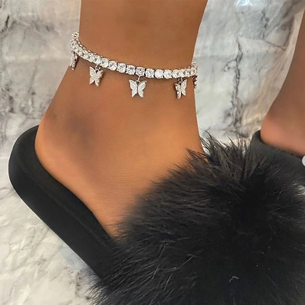 2026 Butterfly Anklet Rhinestone Tennis Chain Foot Chain Jewelry for Women Summer Beach Anklet Butterfly Barefoot Chain